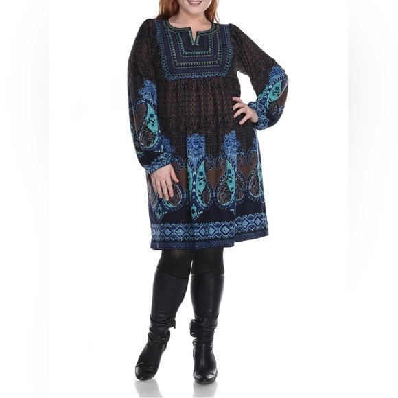 White Mark Plus Size Blue Brown Embroidered Knit Long Sleeve Mini Dress - Picture 1 of 10